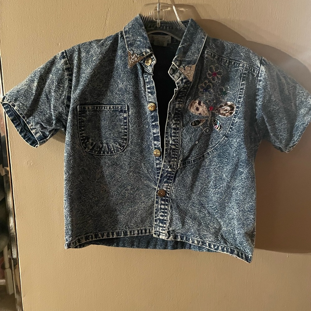 Vintage 90s ultimate kids girls Embroidered Denim Short Sleeve Shirt